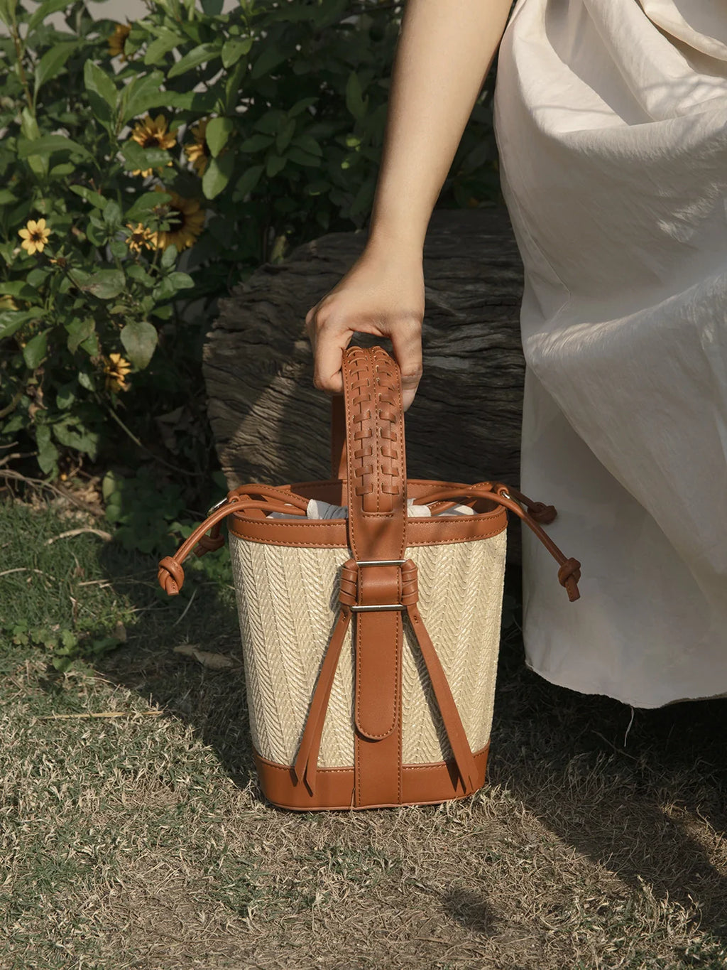Marina Raffia Straw Bucket Bag