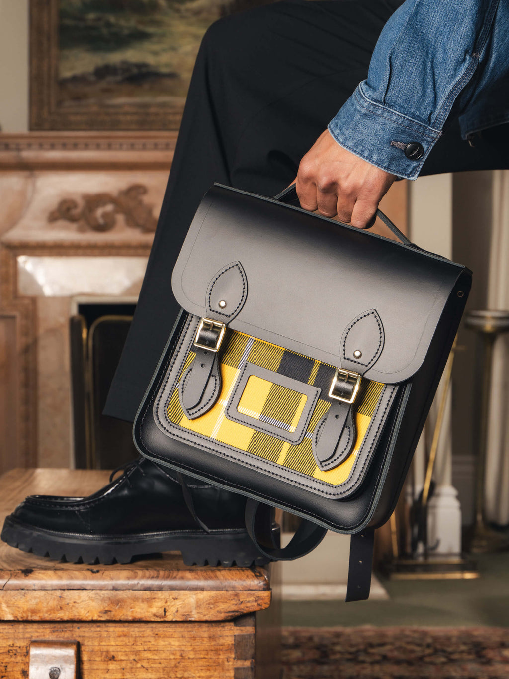 The Small Portrait Backpack - Black with Yellow Tartan