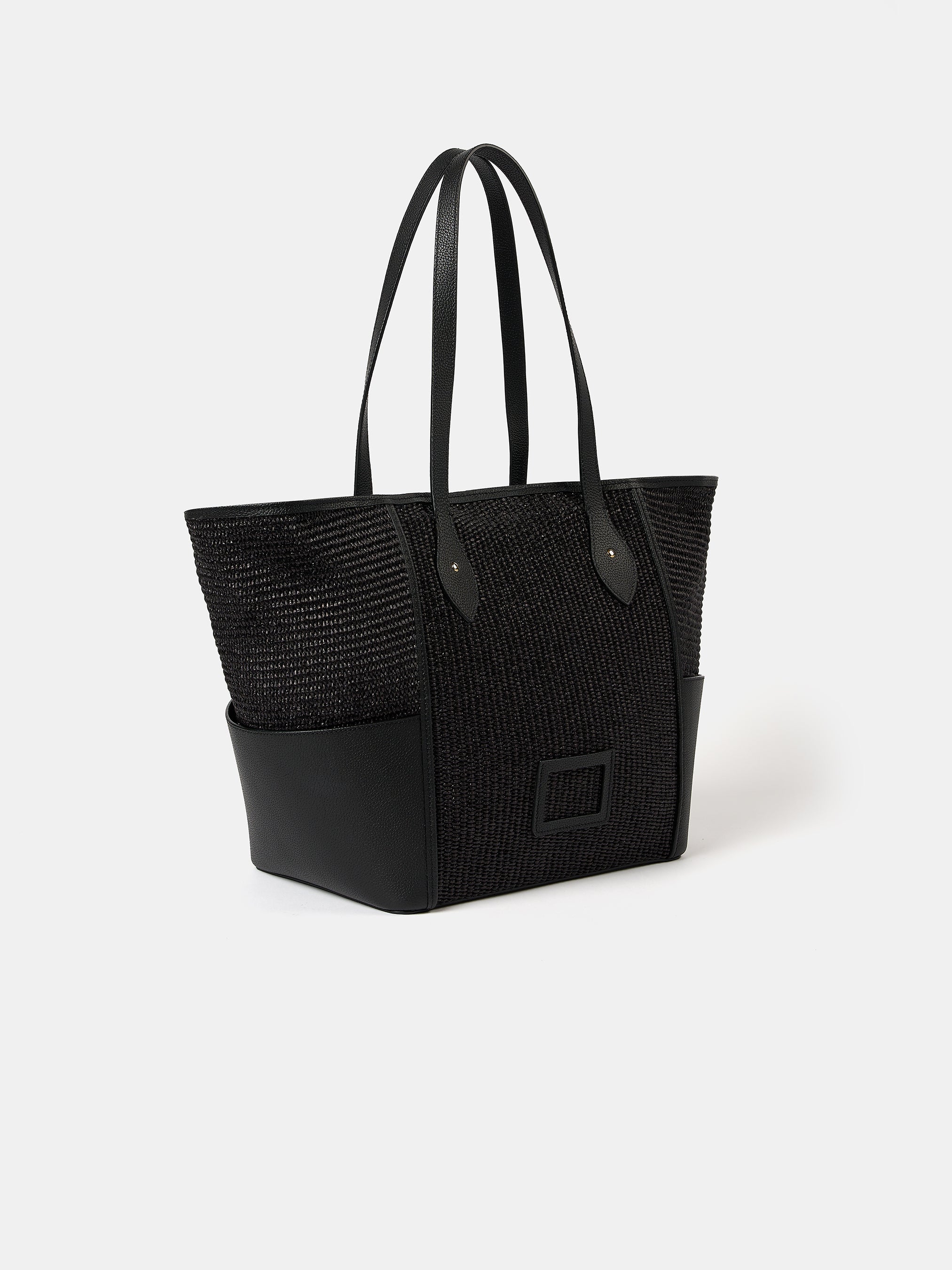 The Raffia Tote - Black Raffia & Madras Grain Leather
