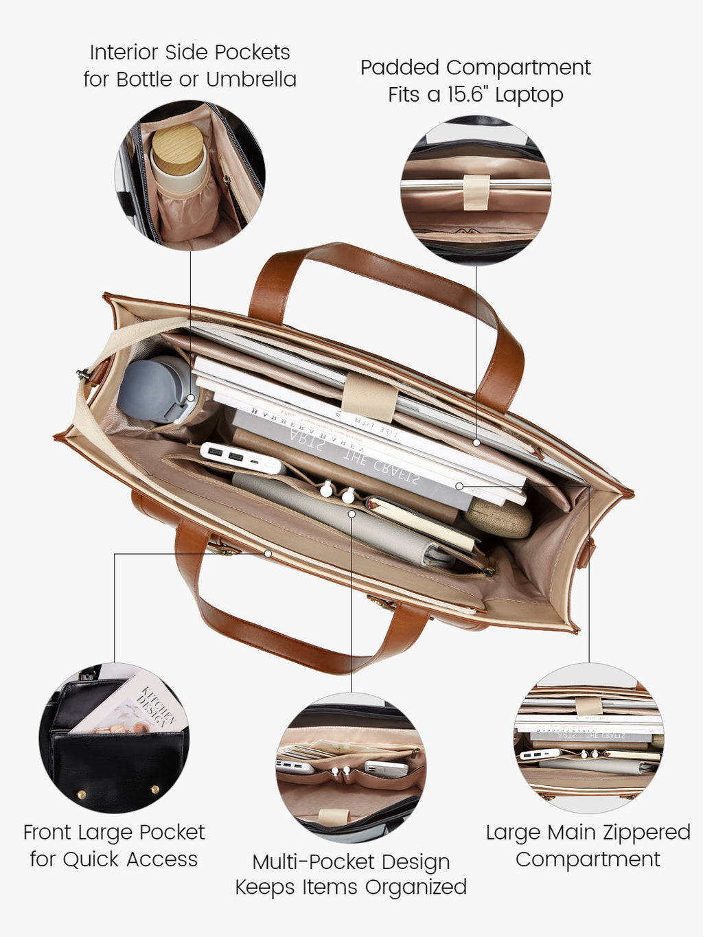 Olivia's Classic PU Leather Handbag for 13-15.6 Inch Laptop Tote