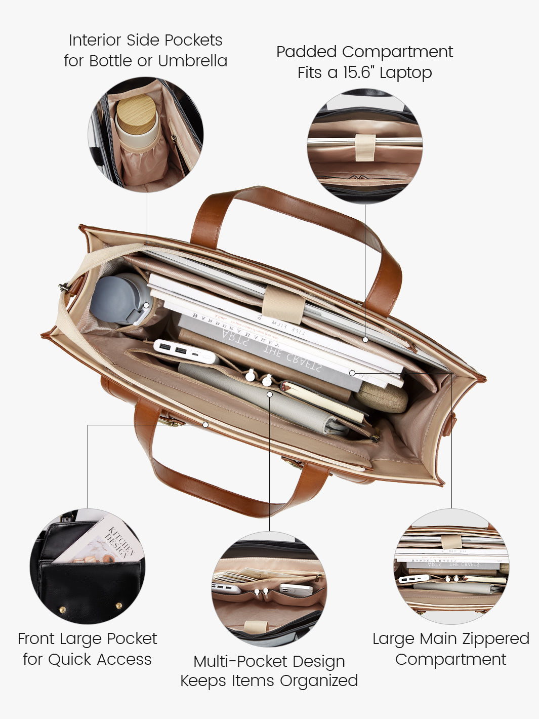 Olivia's Classic PU Leather Handbag for 13-15.6 Inch Laptop Tote