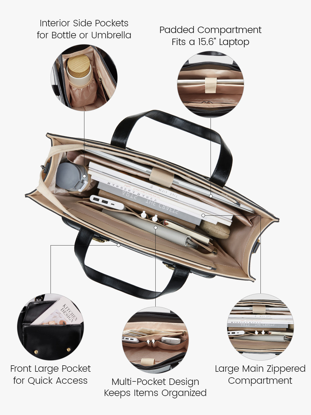 Olivia's Classic PU Leather Handbag for 13-15.6 Inch Laptop Tote