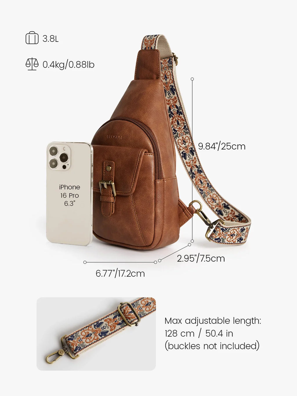 Vintage Leather Sling Bag with Guitar Strap