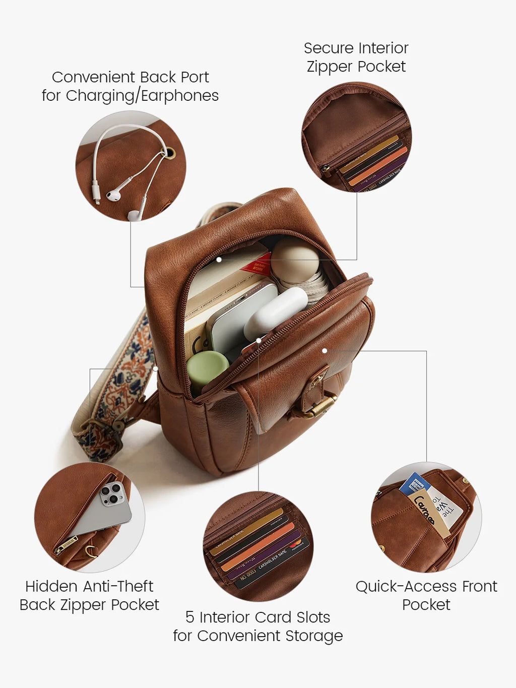 Vintage Leather Sling Bag with Guitar Strap