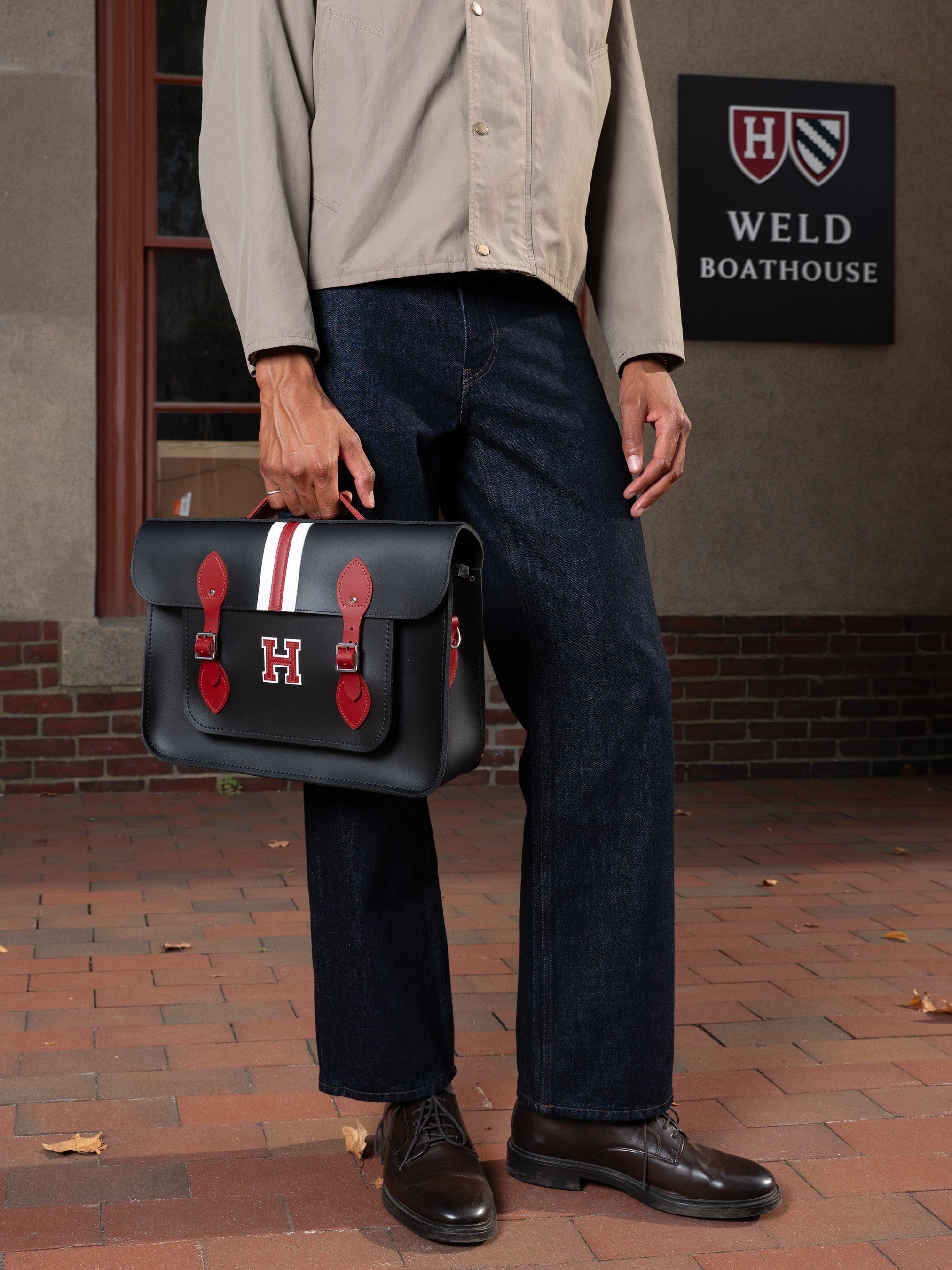 The 15 Inch Batchel - Black with Harvard Stripe