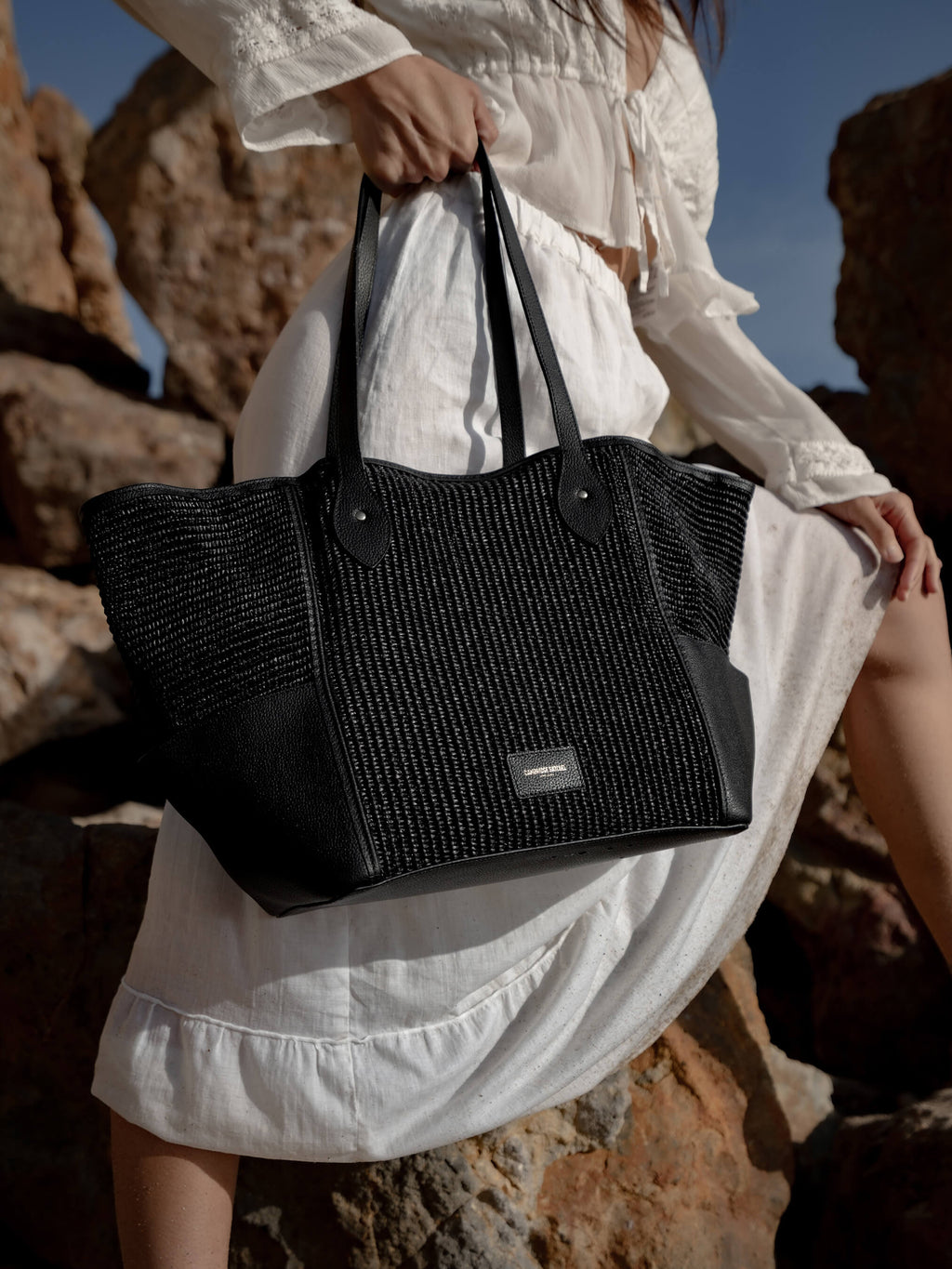 The Raffia Tote - Black Raffia & Madras Grain Leather