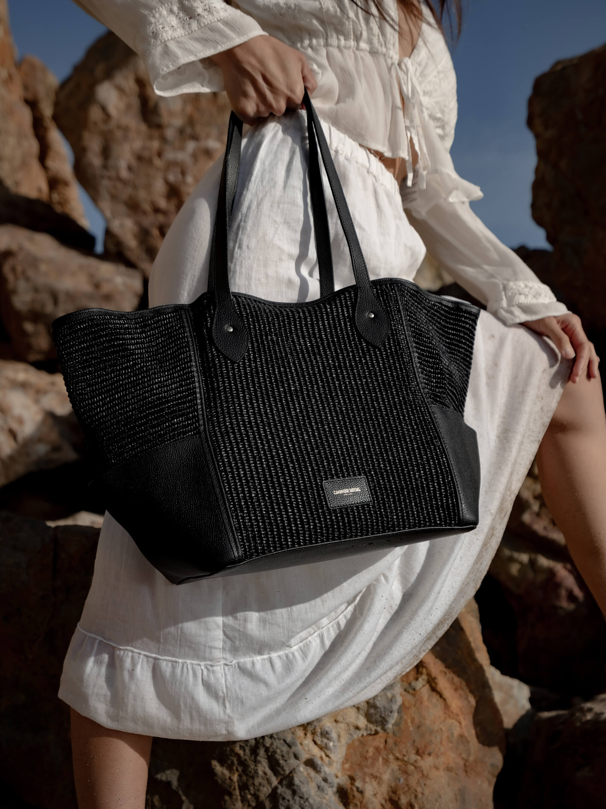 The Raffia Tote - Black Raffia & Madras Grain Leather