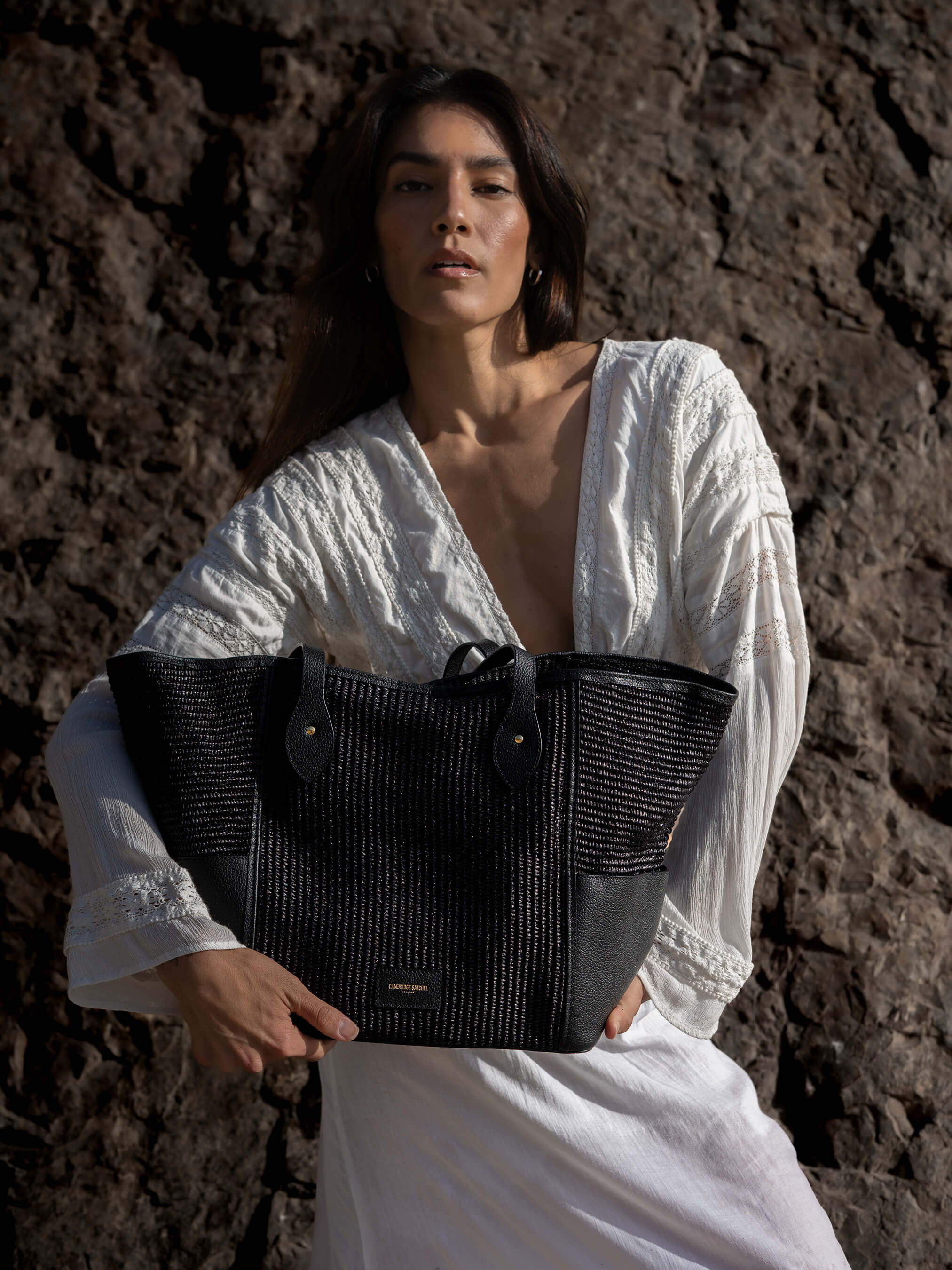 The Raffia Tote - Black Raffia & Madras Grain Leather