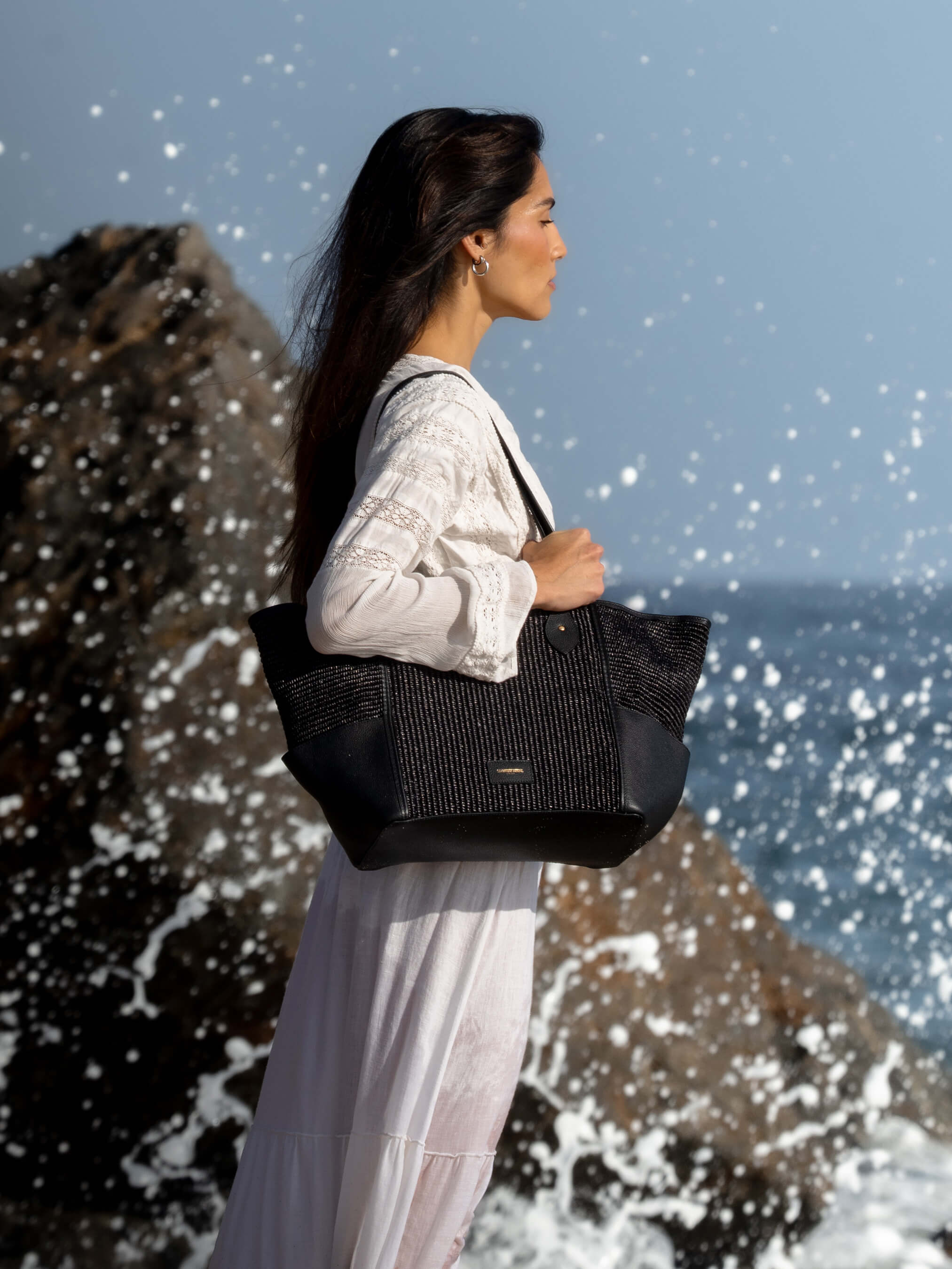The Raffia Tote - Black Raffia & Madras Grain Leather