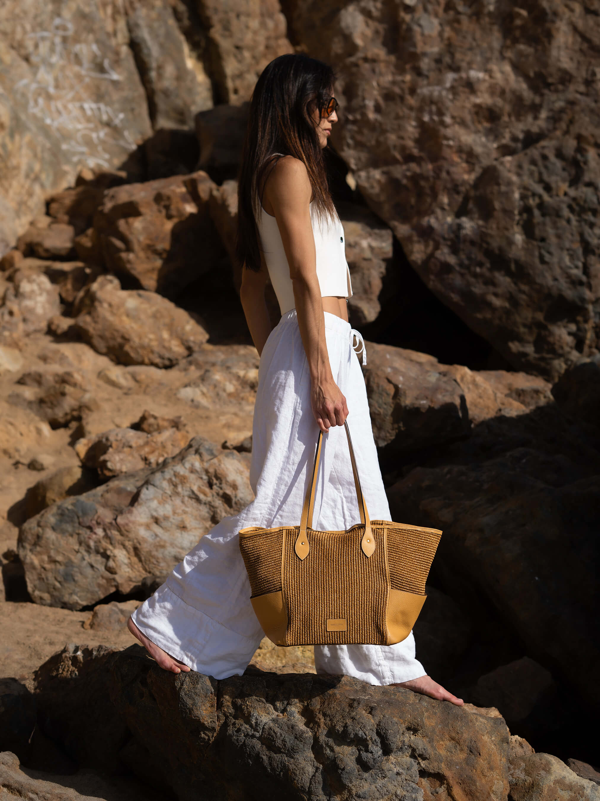 The Raffia Tote - Sand Raffia & Madras Grain Leather